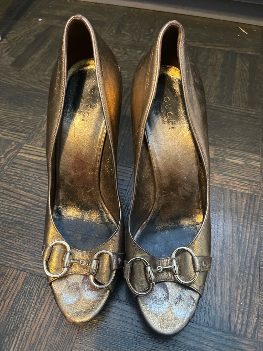 Gucci Metallic Bronze Leather Platform Pumps